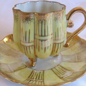 Royal Sealy 3 Toed Demitasse Tea Cup and Saucer, Soft Yellow, Heavy Gold.  A1111